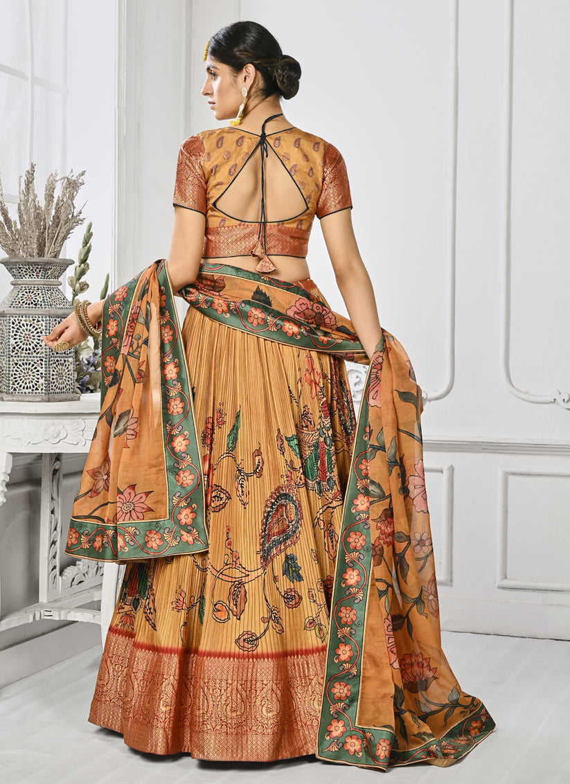 Mustard Yellow Pure Silk Digital Printed lehenga Choli Set