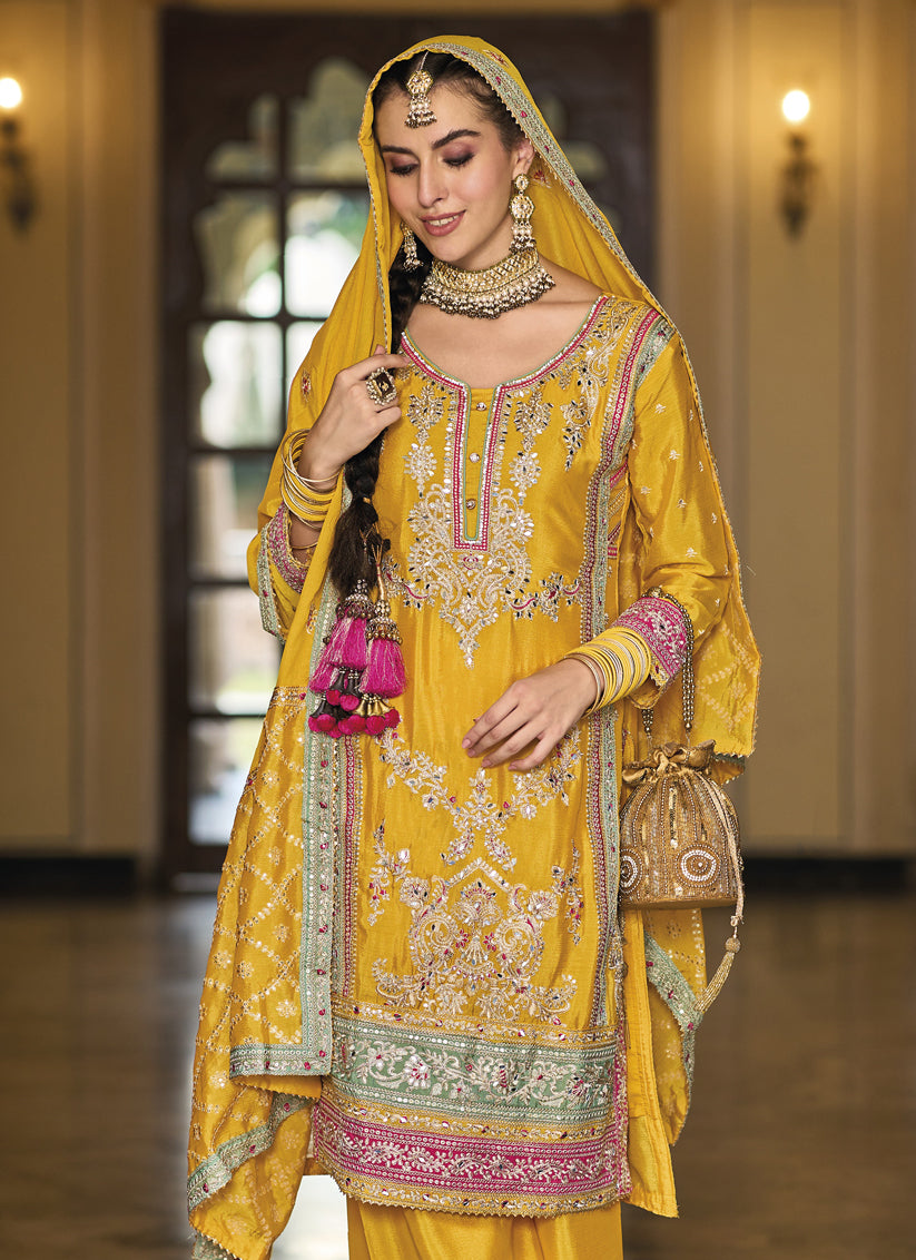 Golden Yellow Chinnon Embroidered Designer Palazzo Kameez