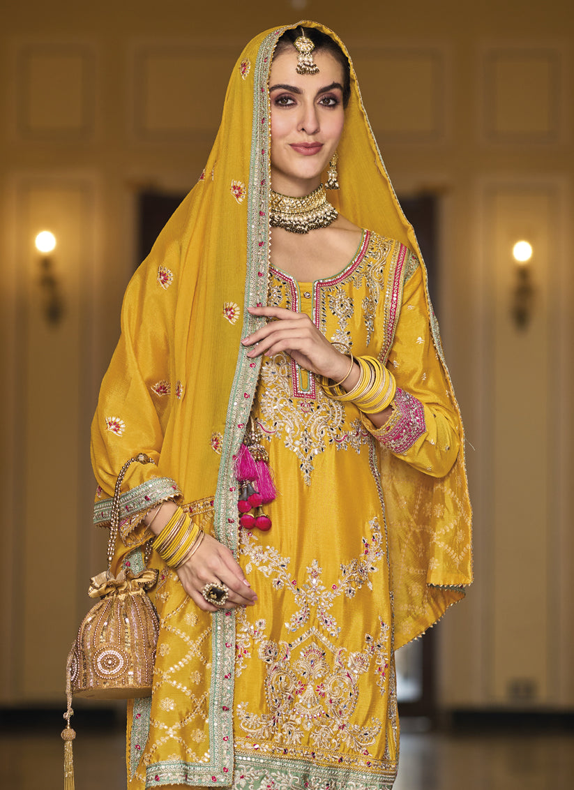 Golden Yellow Chinnon Embroidered Designer Palazzo Kameez
