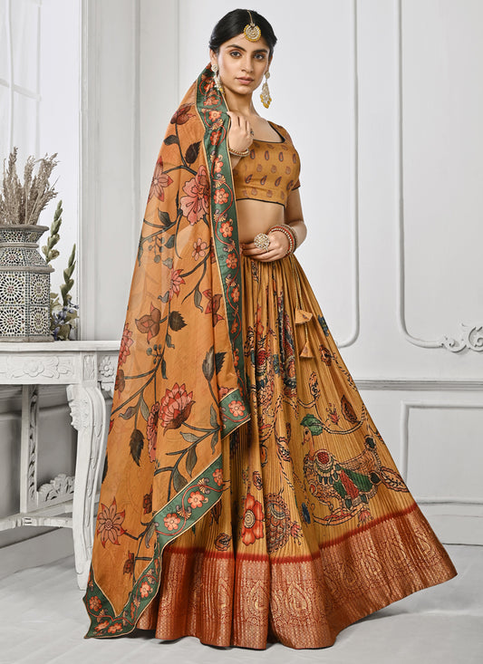 Mustard Yellow Pure Silk Digital Printed lehenga Choli Set