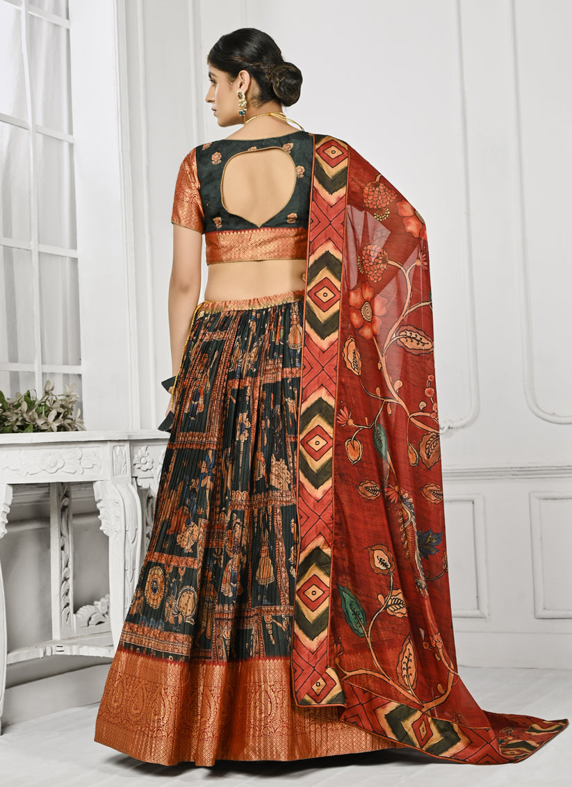 Pine Green Pure Silk Digital Printed lehenga Choli Set