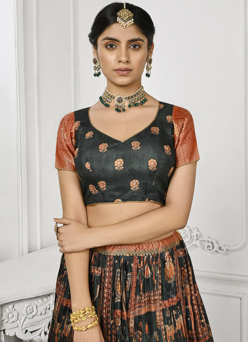 Pine Green Pure Silk Digital Printed lehenga Choli Set