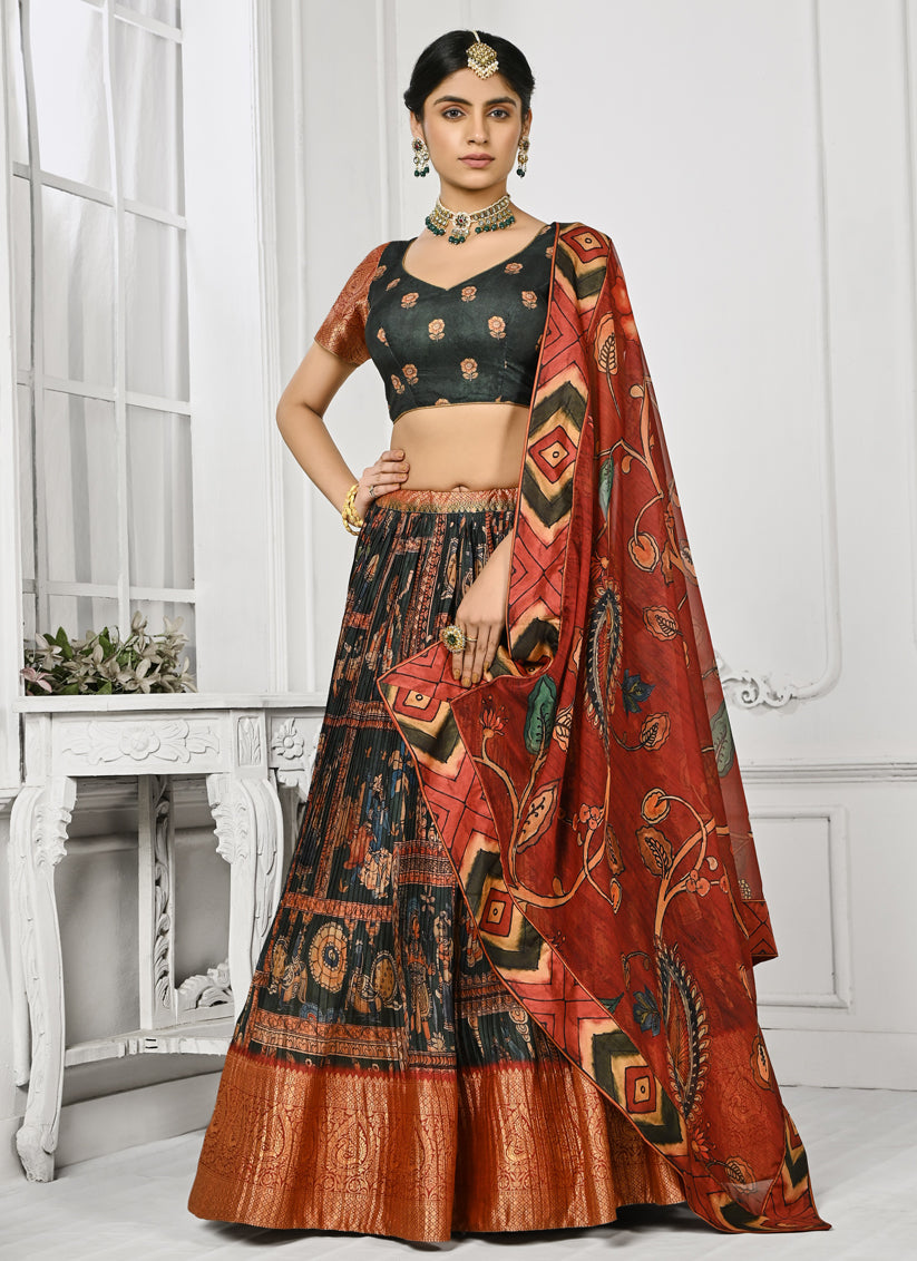 Pine Green Pure Silk Digital Printed lehenga Choli Set