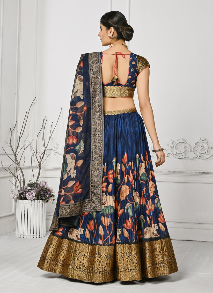 Navy Blue Pure Silk Digital Printed lehenga Choli Set