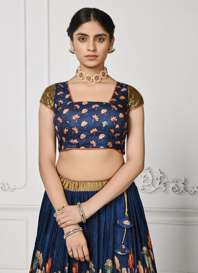 Navy Blue Pure Silk Digital Printed lehenga Choli Set