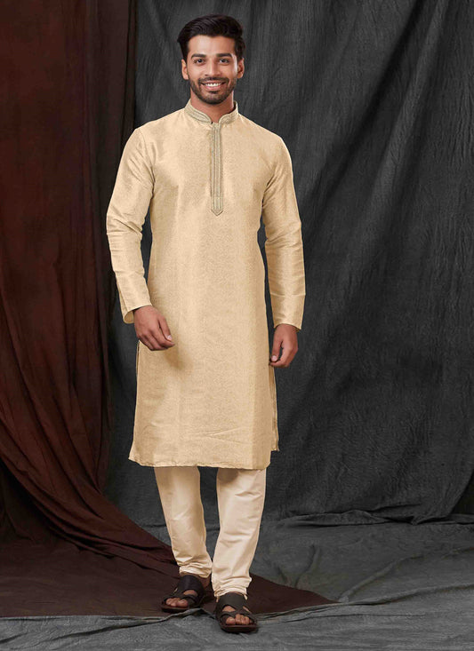 Beige Jacquard Mens Kurta Pajama Set