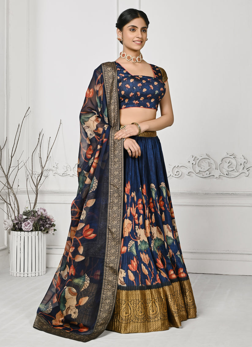 Navy Blue Pure Silk Digital Printed lehenga Choli Set