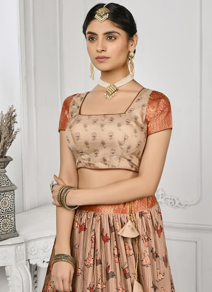 Peach Pure Silk Digital Printed lehenga Choli Set