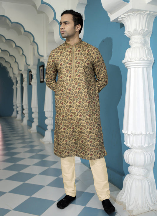Beige Polyester Printed Mens Kurta Pajama Set