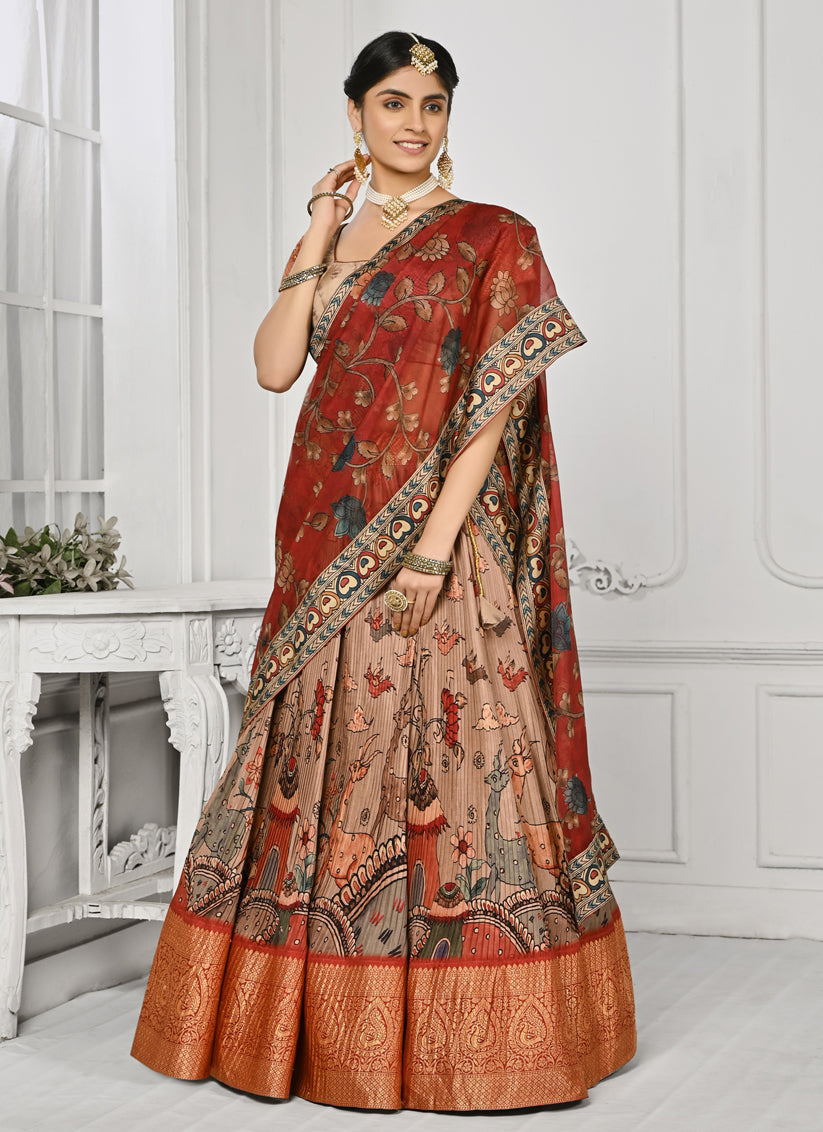 Peach Pure Silk Digital Printed lehenga Choli Set