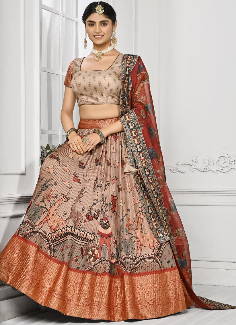 Peach Pure Silk Digital Printed lehenga Choli Set