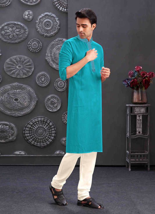 Azure Blue Blend Silk Mens Kurta Pajama Set