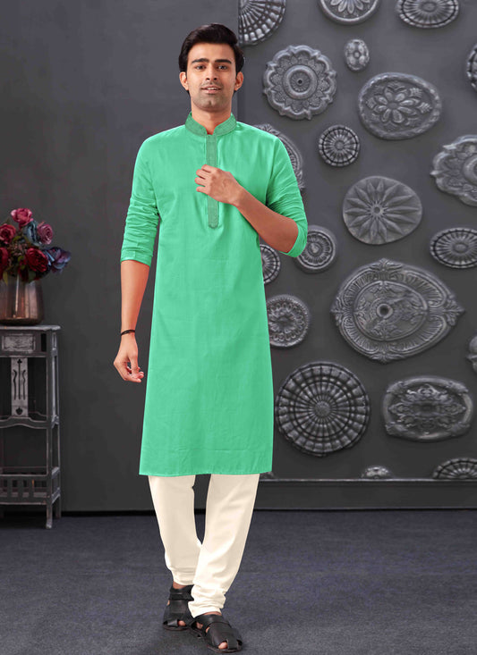 Sea Green Blend Silk Mens Kurta Pajama Set