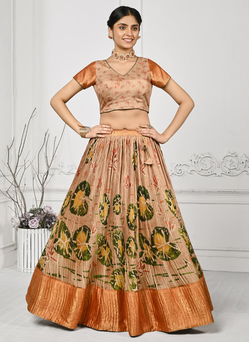 Beige Pure Silk Digital Printed lehenga Choli Set