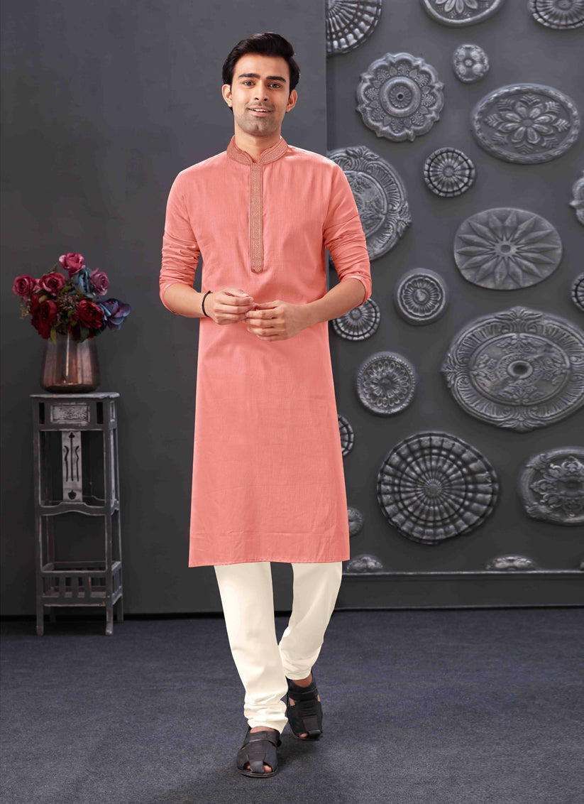 Coral Pink Blend Silk Mens Kurta Pajama Set