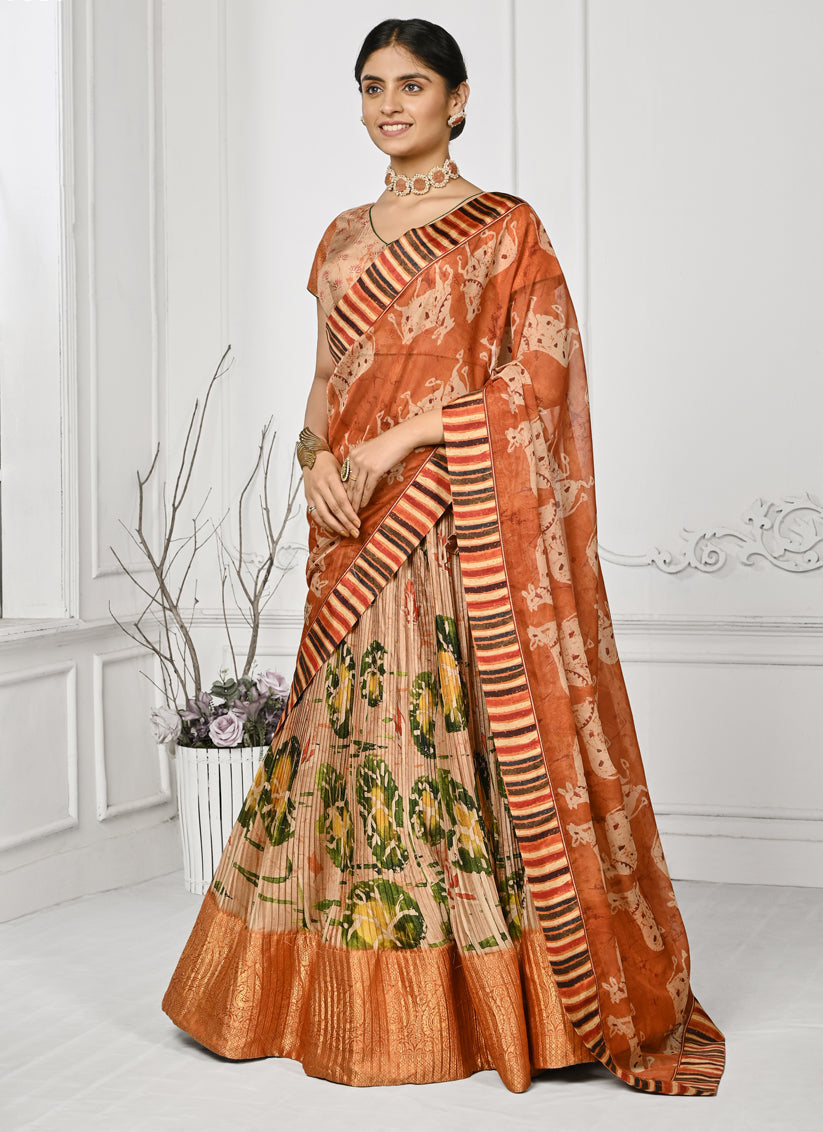 Beige Pure Silk Digital Printed lehenga Choli Set