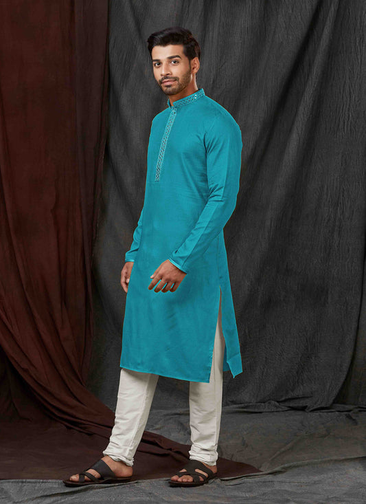 Azure Blue Jacquard Mens Kurta Pajama Set