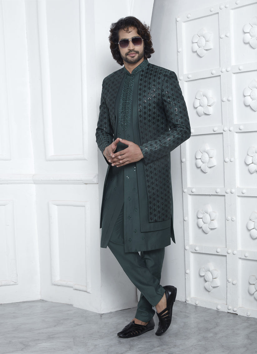 Bottle Green Art Silk Mens Indo Western Outfit