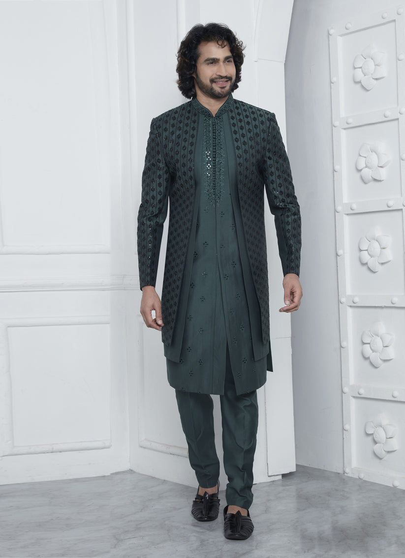 Bottle Green Art Silk Mens Indo Western Outfit
