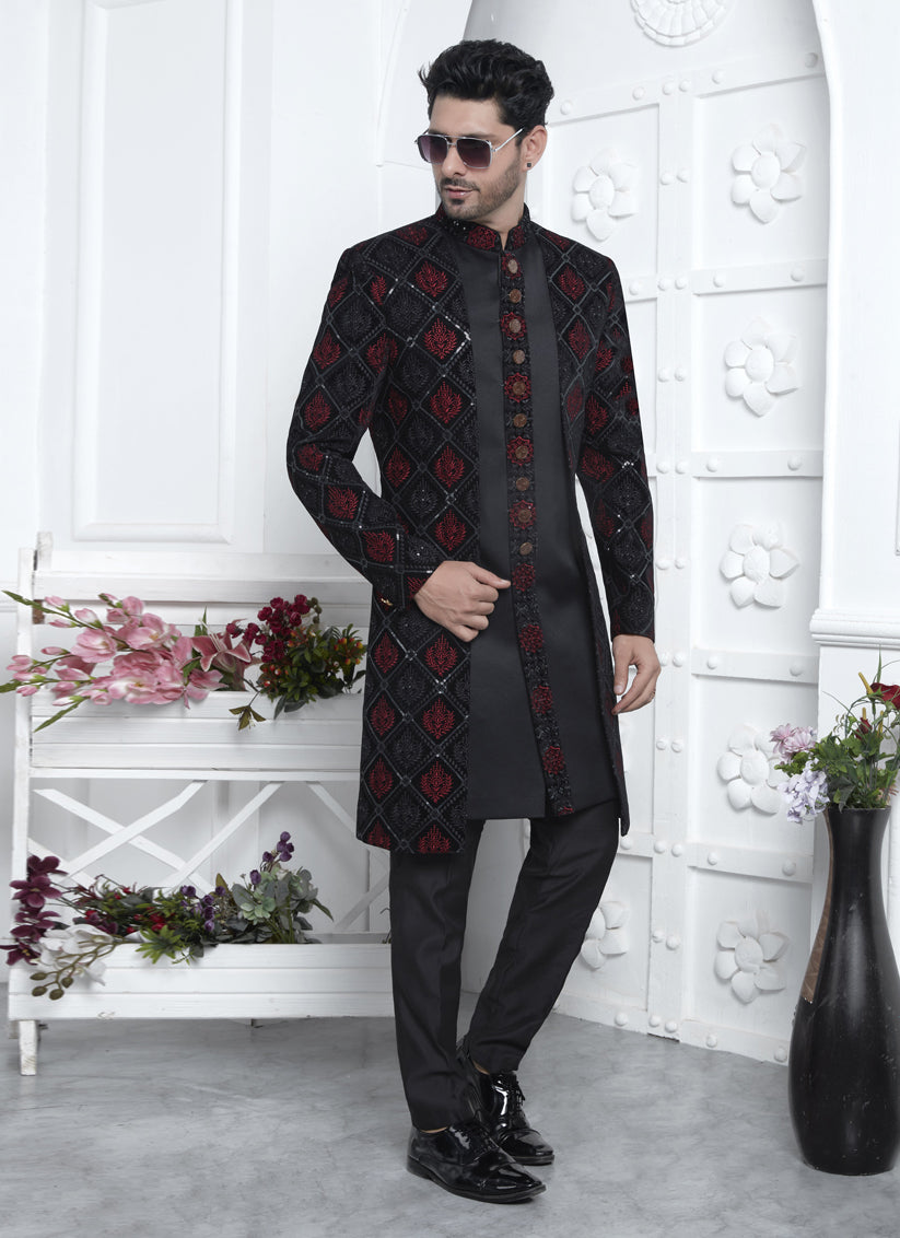 Black Velvet Silk Mens Indo Western Outfit