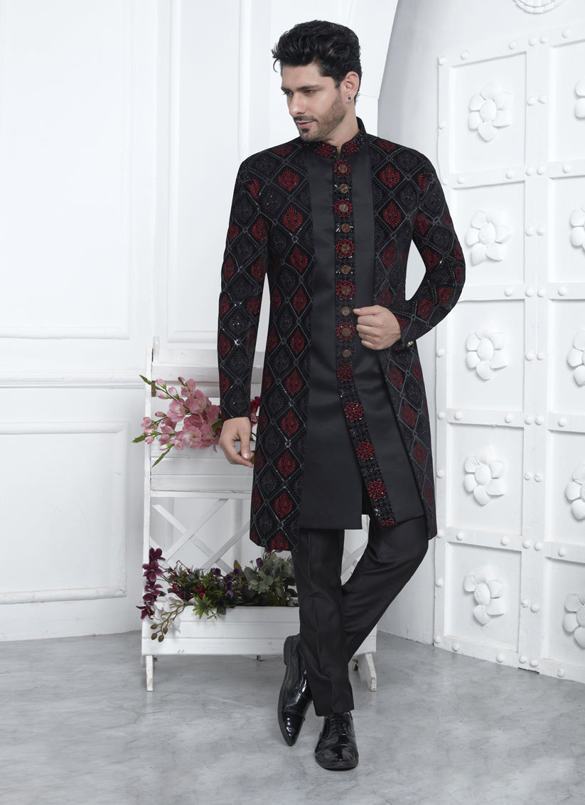 Black Velvet Silk Mens Indo Western Outfit