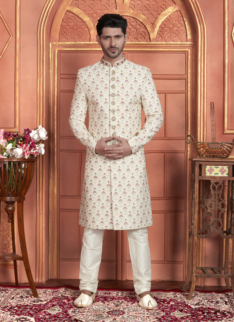 Cream Art Silk Wedding Wear Designer Sherwani