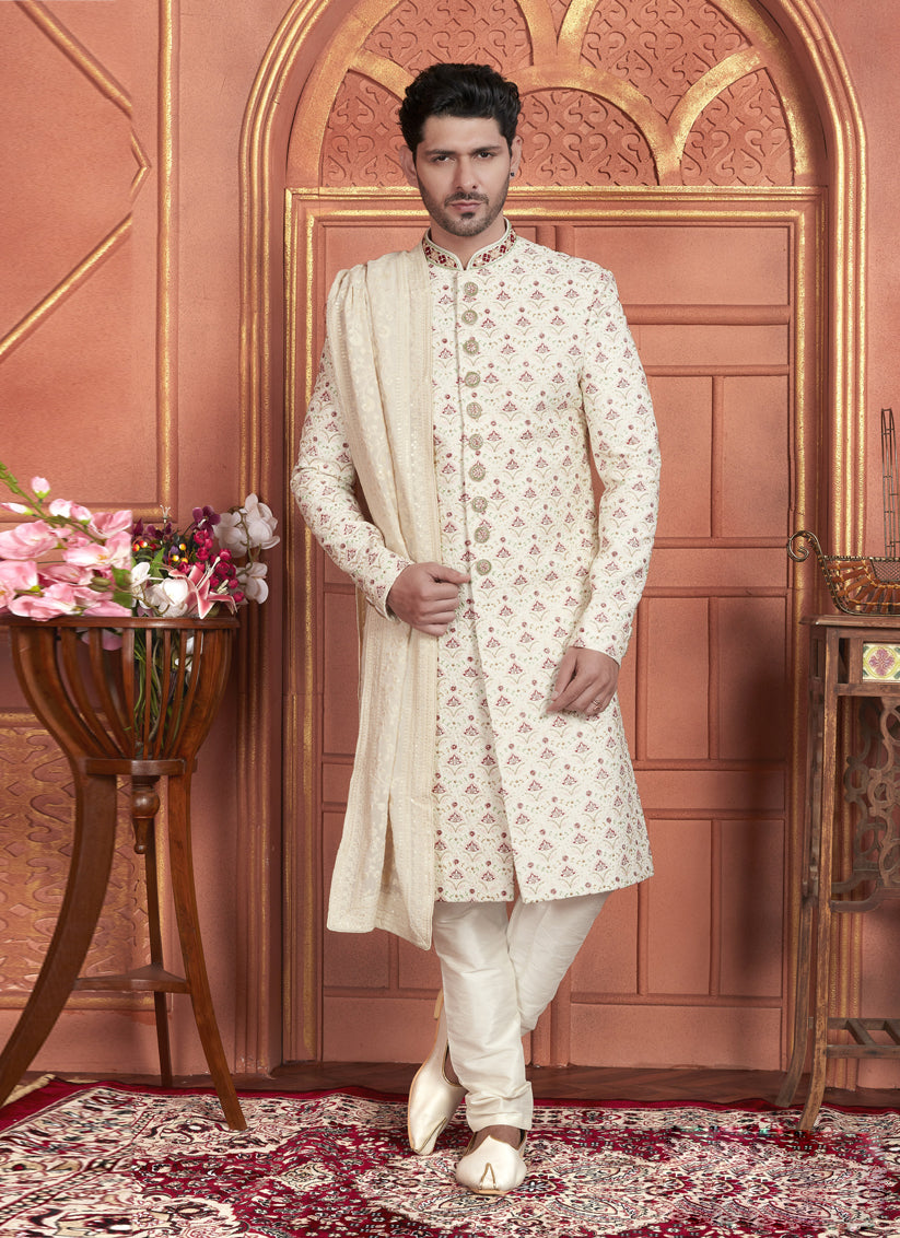 Cream Art Silk Wedding Wear Designer Sherwani