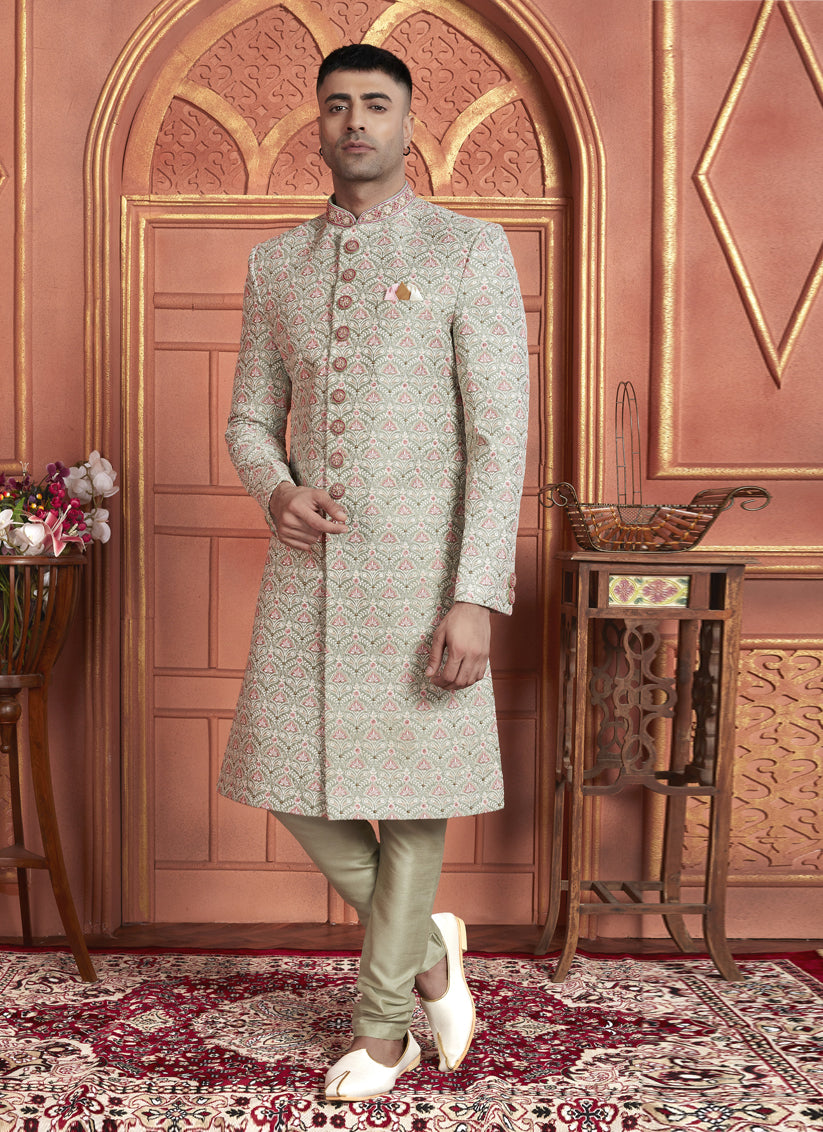 Pastel Green Art Silk Wedding Wear Designer Sherwani