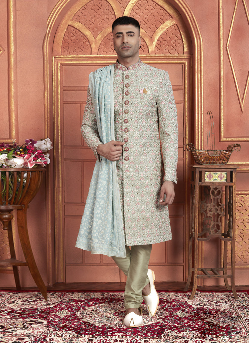 Pastel Green Art Silk Wedding Wear Designer Sherwani