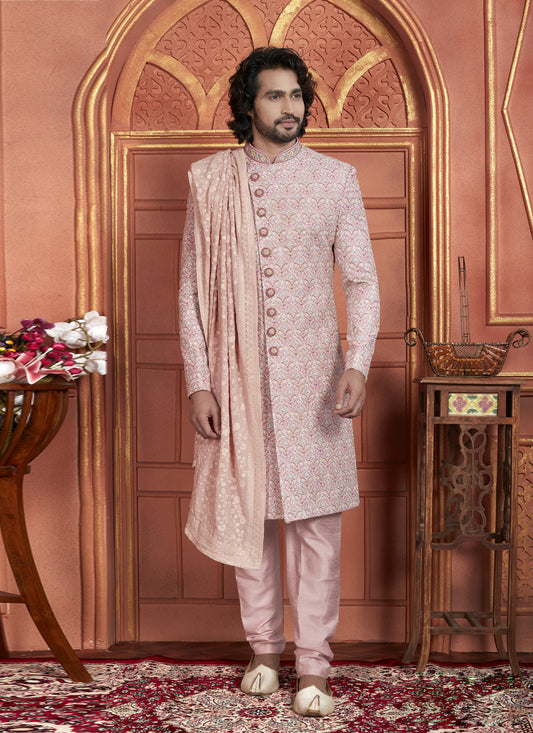 Pink Art Silk Wedding Wear Designer Sherwani