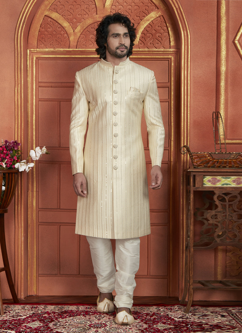 Cream Art Silk Wedding Wear Designer Sherwani