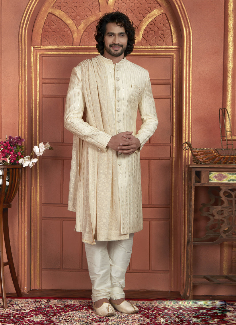 Cream Art Silk Wedding Wear Designer Sherwani