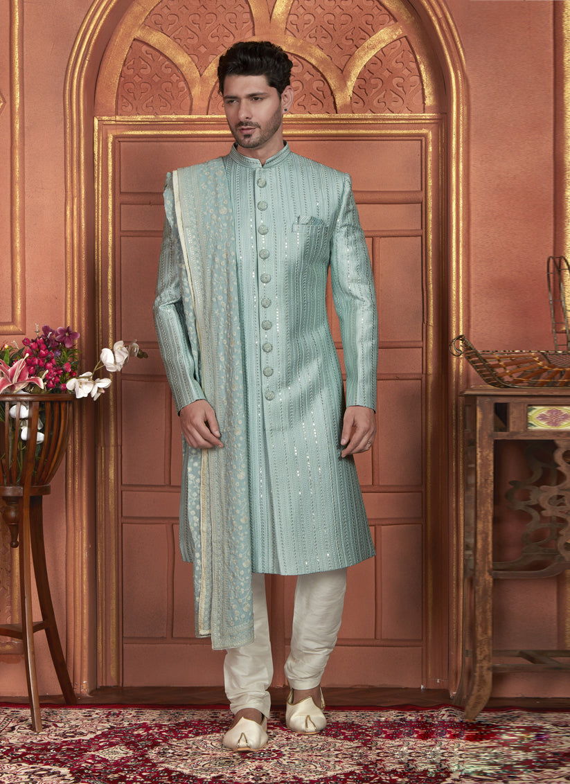 Pista Green Art Silk Wedding Wear Designer Sherwani