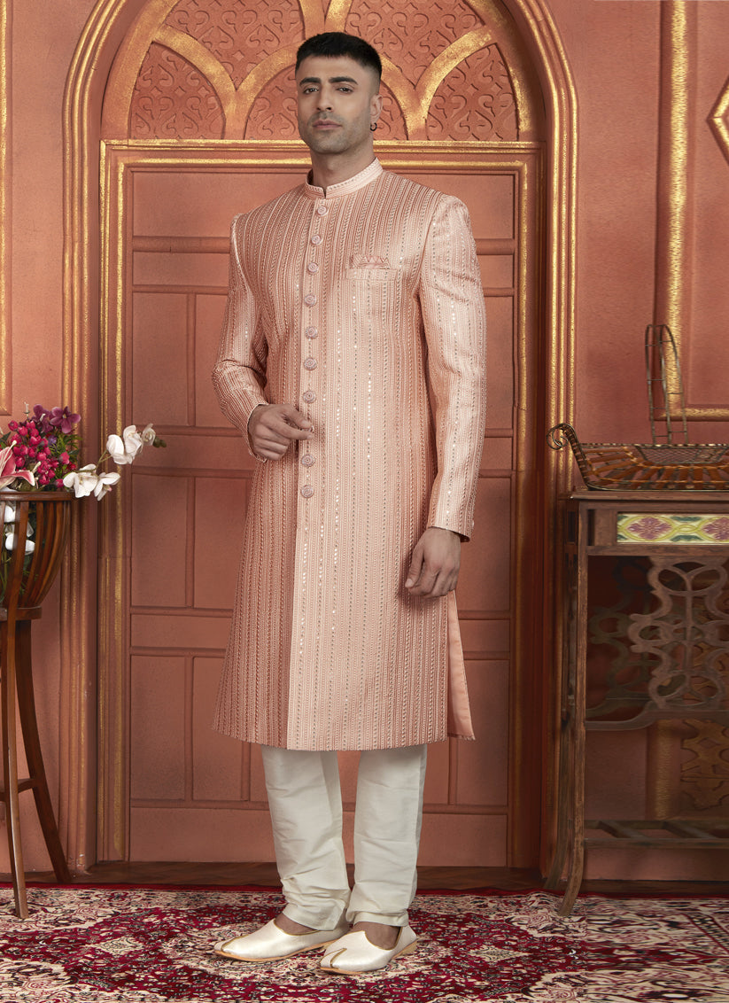 Peach Art Silk Wedding Wear Designer Sherwani