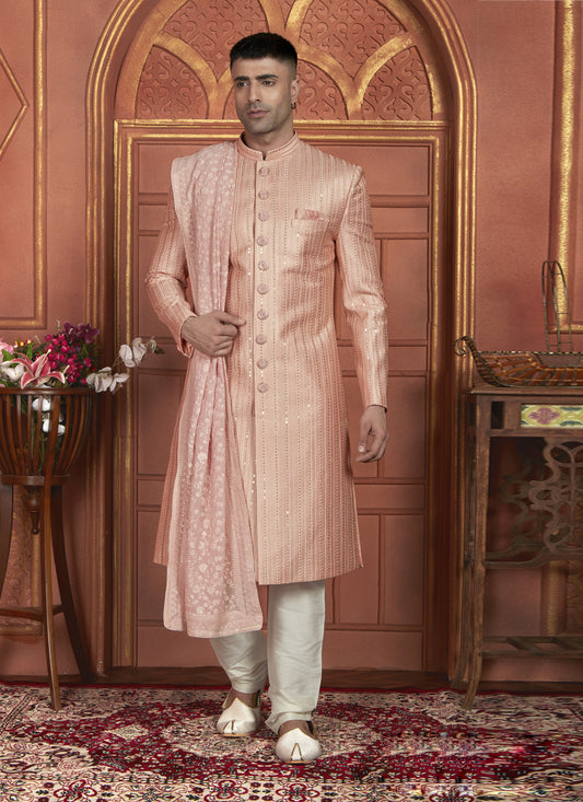 Peach Art Silk Wedding Wear Designer Sherwani