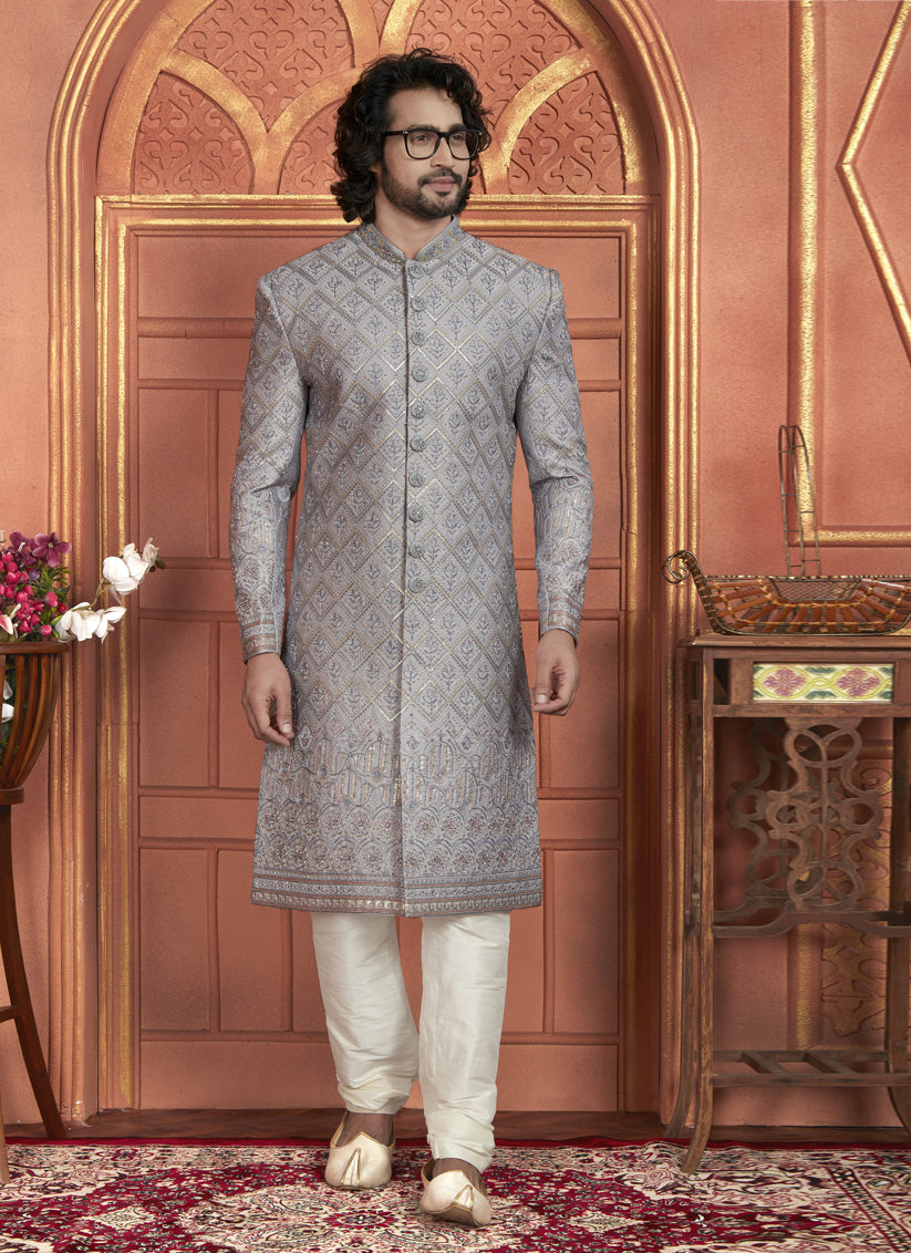 Grey Art Silk Wedding Wear Designer Sherwani