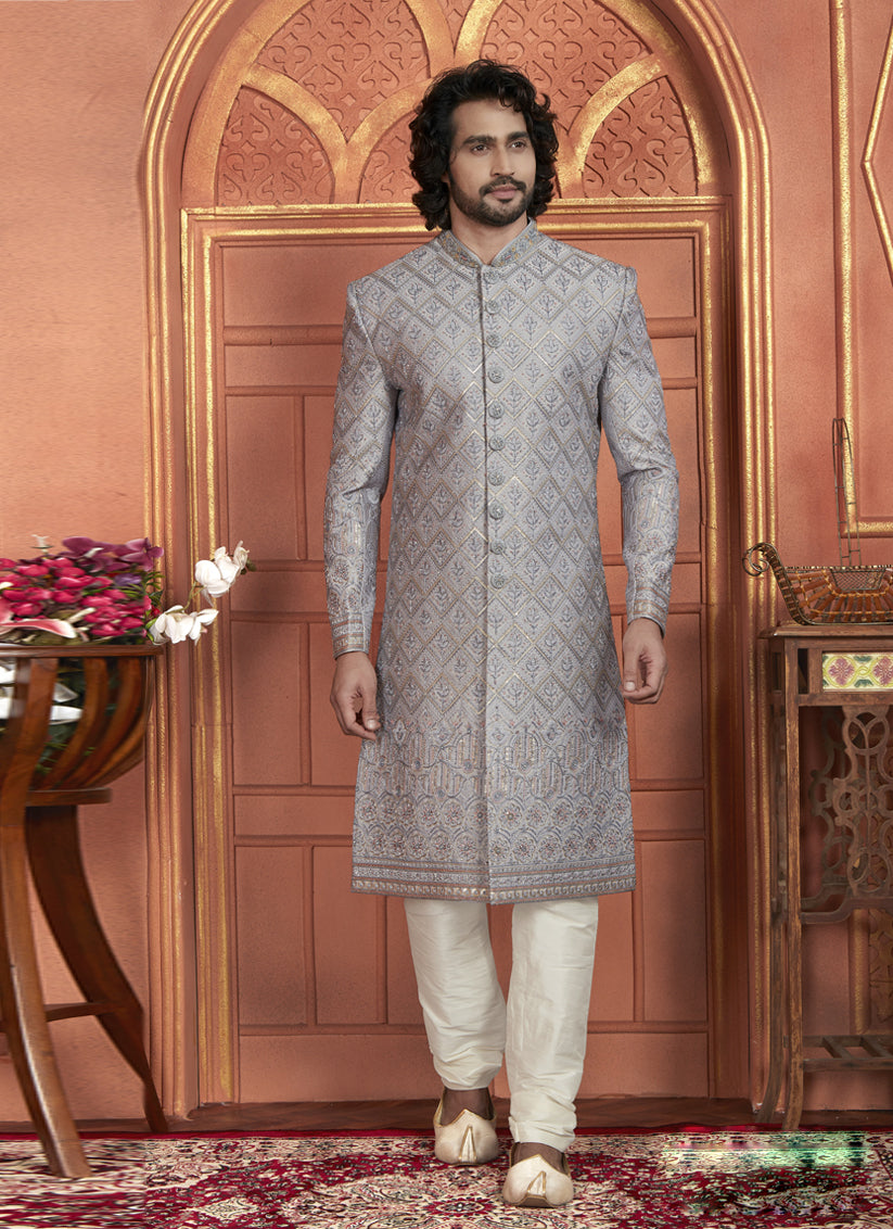 Grey Art Silk Wedding Wear Designer Sherwani