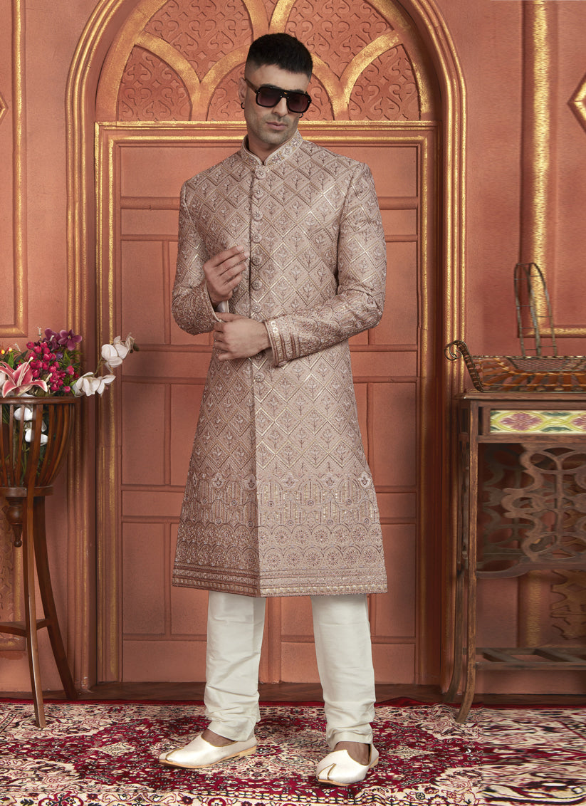 Onion Pink Art Silk Wedding Wear Designer Sherwani