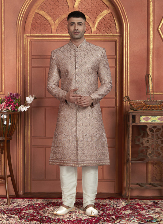 Onion Pink Art Silk Wedding Wear Designer Sherwani