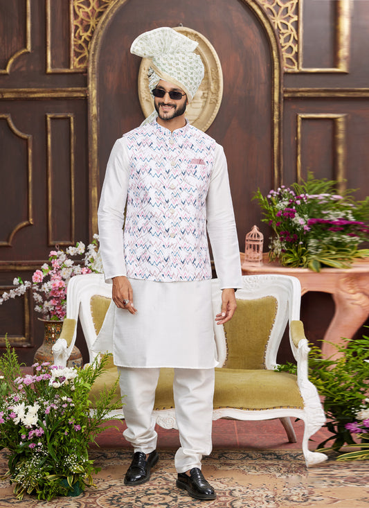 White Art Banarasi Silk Mens Kurta Pajama Set With Jacket