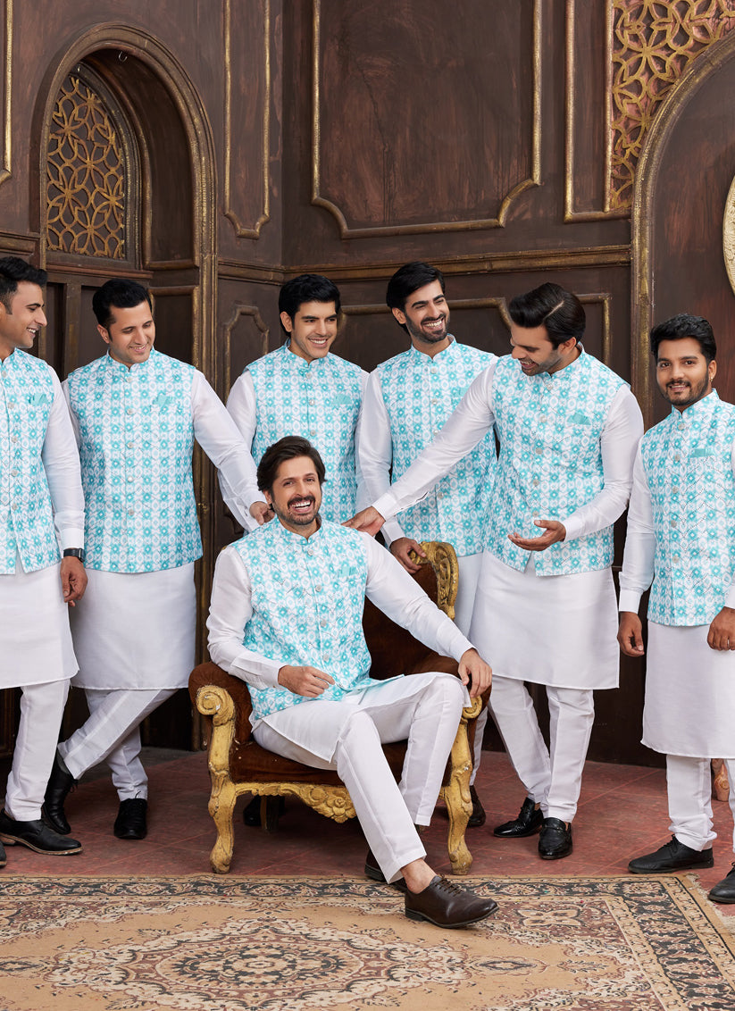 White Art Banarasi Silk Mens Kurta Pajama Set With Jacket