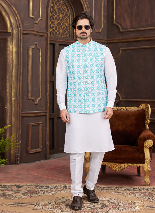 White Art Banarasi Silk Mens Kurta Pajama Set With Jacket