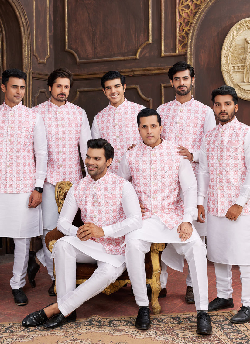 White Art Banarasi Silk Mens Kurta Pajama Set With Jacket