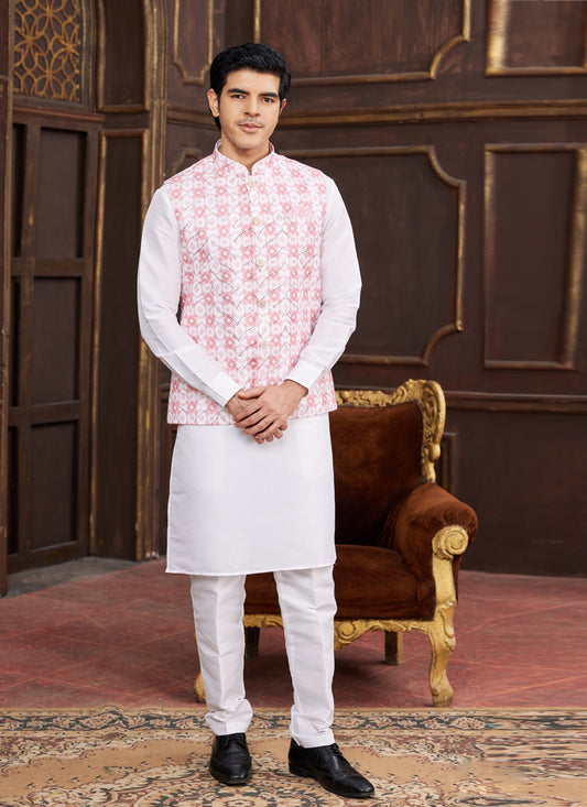 White Art Banarasi Silk Mens Kurta Pajama Set With Jacket