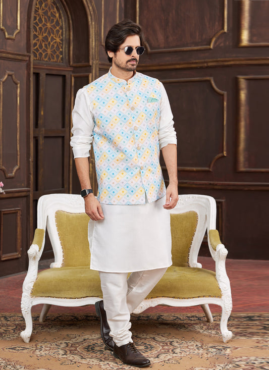 White Art Banarasi Silk Mens Kurta Pajama Set With Jacket
