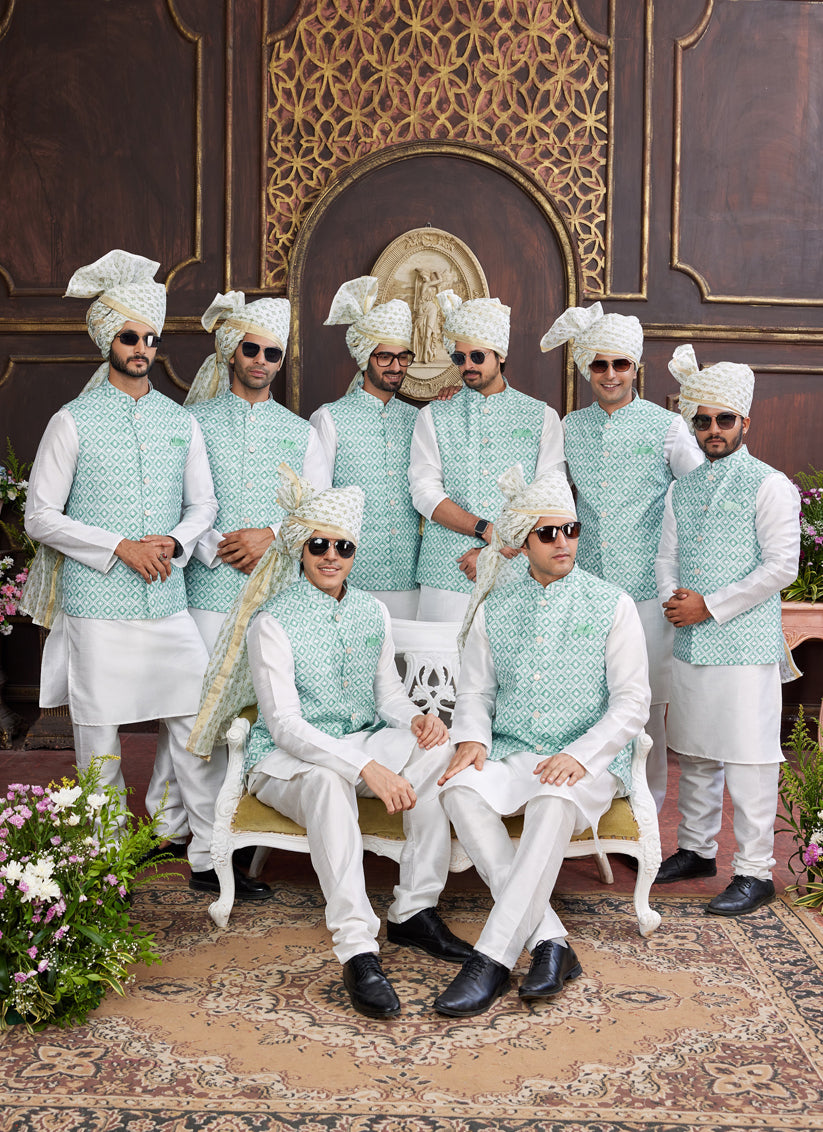 White Art Banarasi Silk Mens Kurta Pajama Set With Jacket