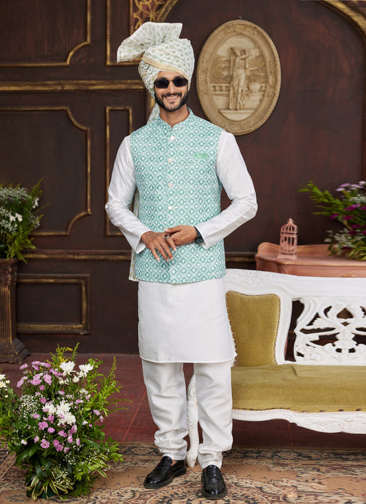 White Art Banarasi Silk Mens Kurta Pajama Set With Jacket