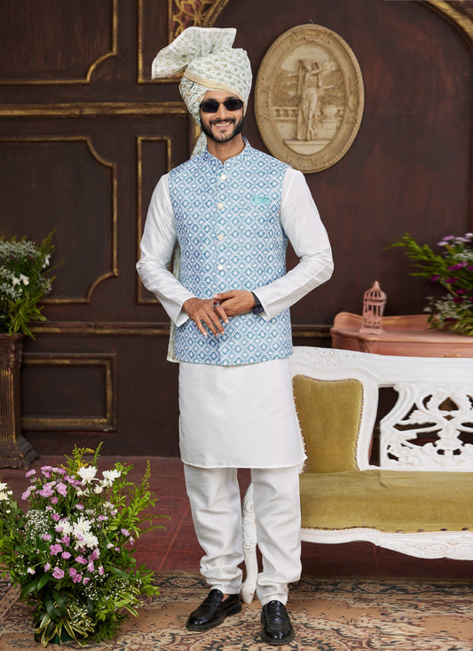 White Art Banarasi Silk Mens Kurta Pajama Set With Jacket