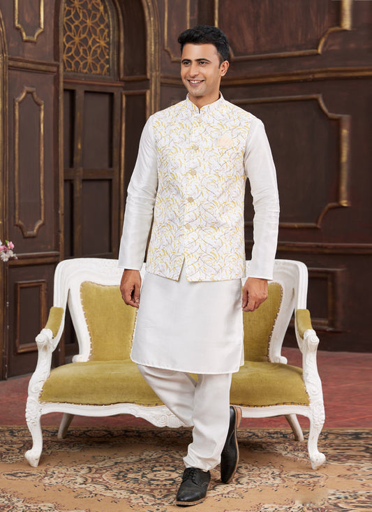 White Art Banarasi Silk Mens Kurta Pajama Set With Jacket