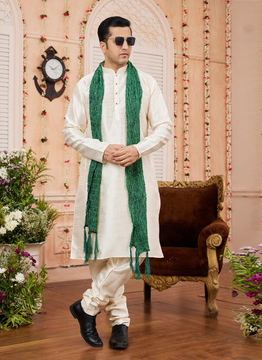 Cream Art Silk Mens Kurta Pajama Set With Stole